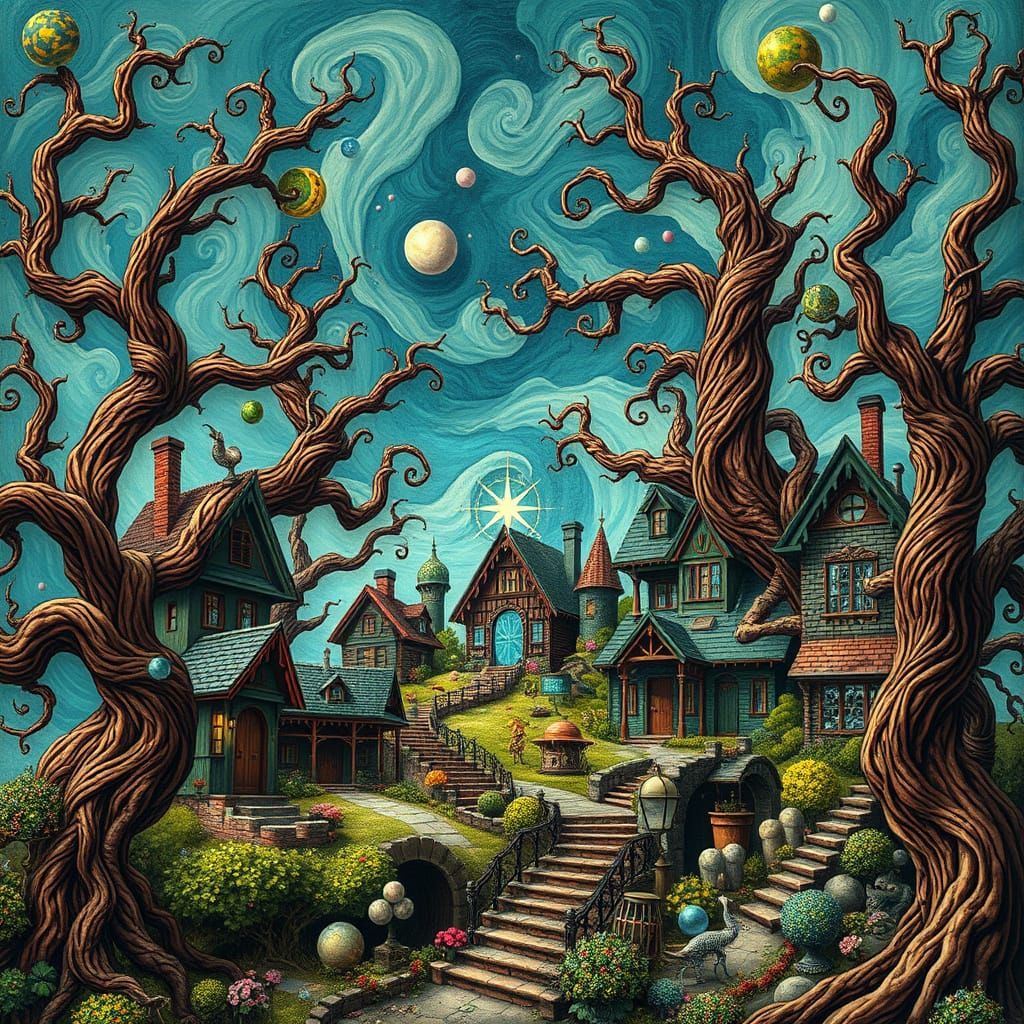 Surreal Cubist Bonsai Village with Stargate