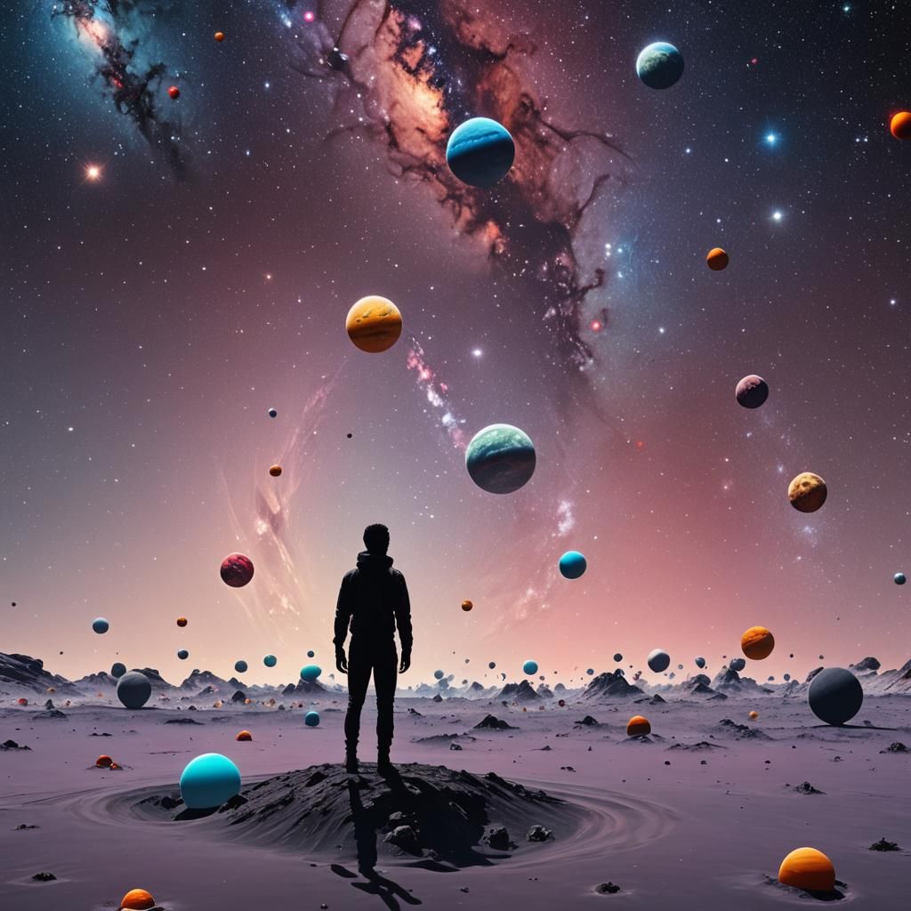 Small Humanoid on Floating Planet in Colorful Universe