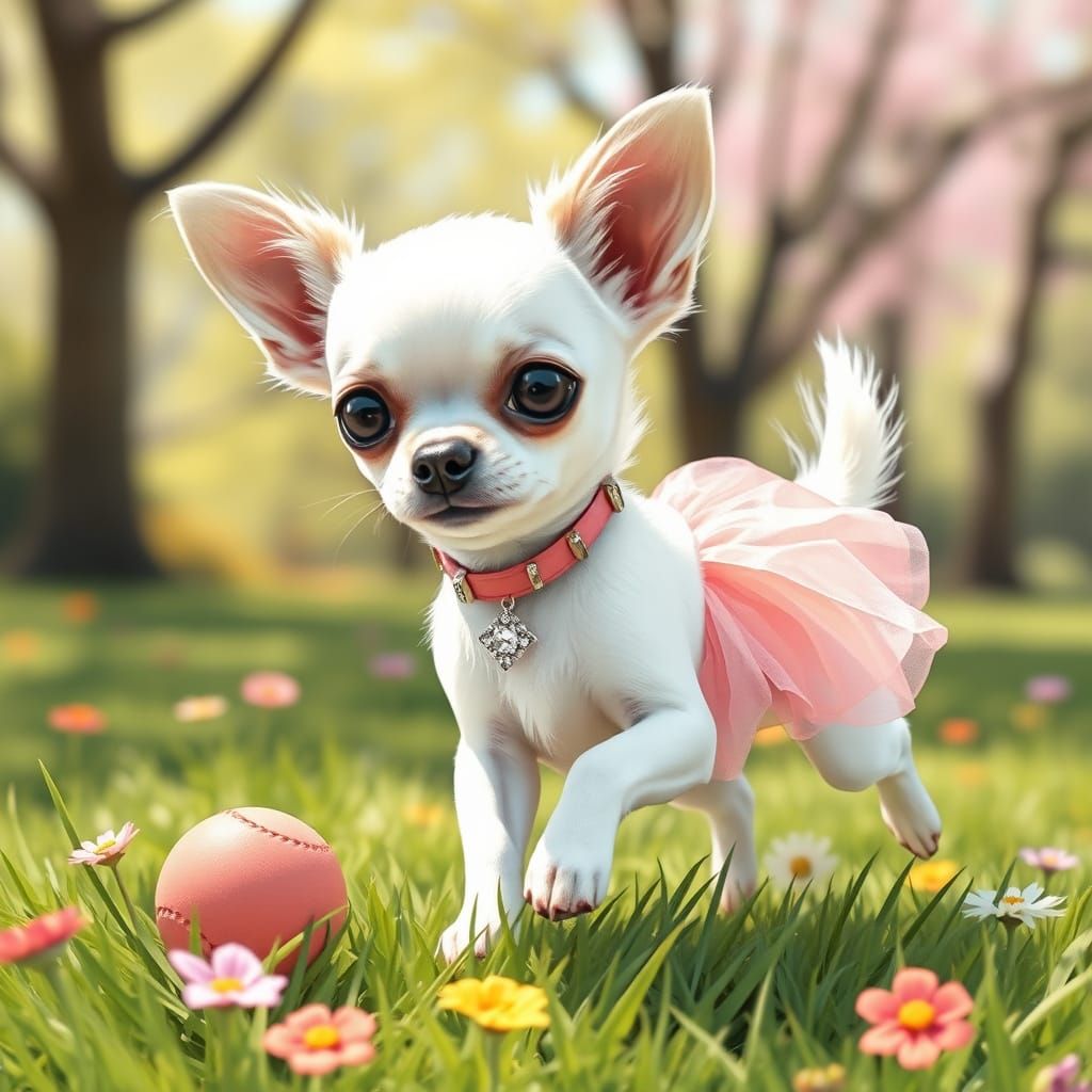 Charming White Chihuahua in Pastel Tutu, Diamante Collar, an...