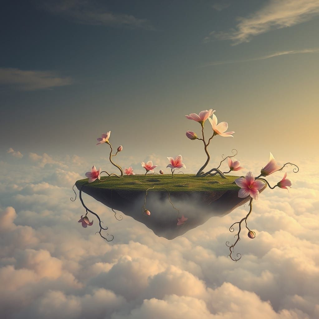 Ethereal Dreamscape with Floating Island and Exotic Flowers....