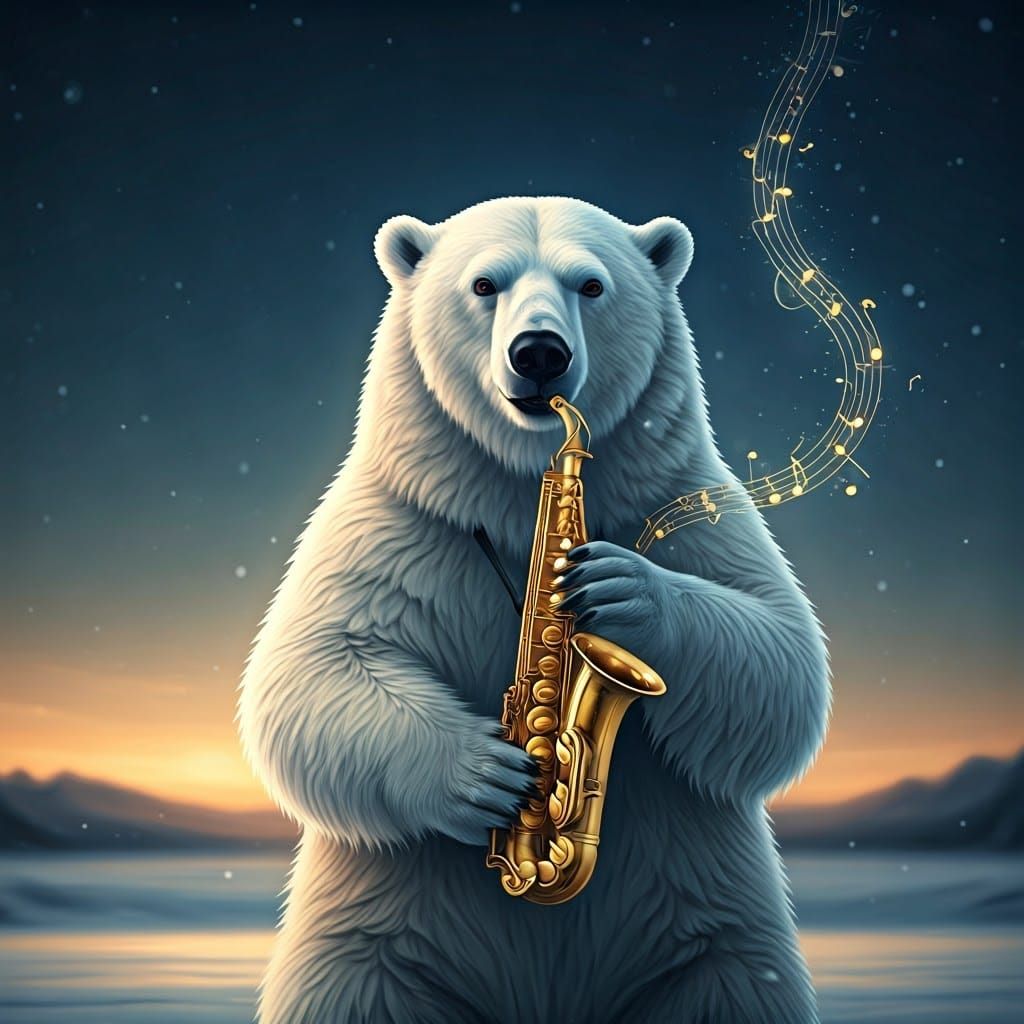 Dreamy Polar Bear Plays Saxophone in Snowy Twilight
