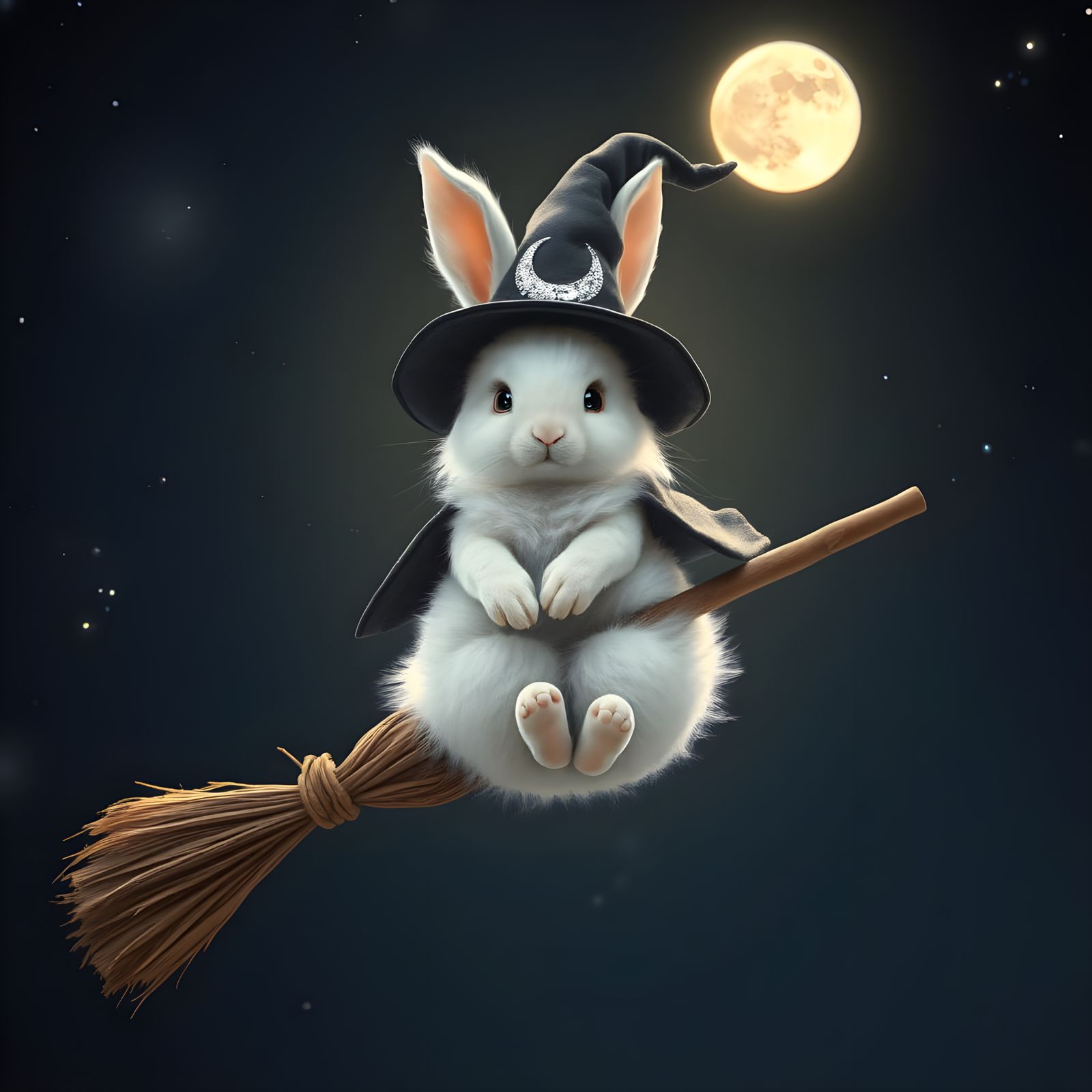 Surreal Bunny Witch Soars Through Moonlit Night Sky