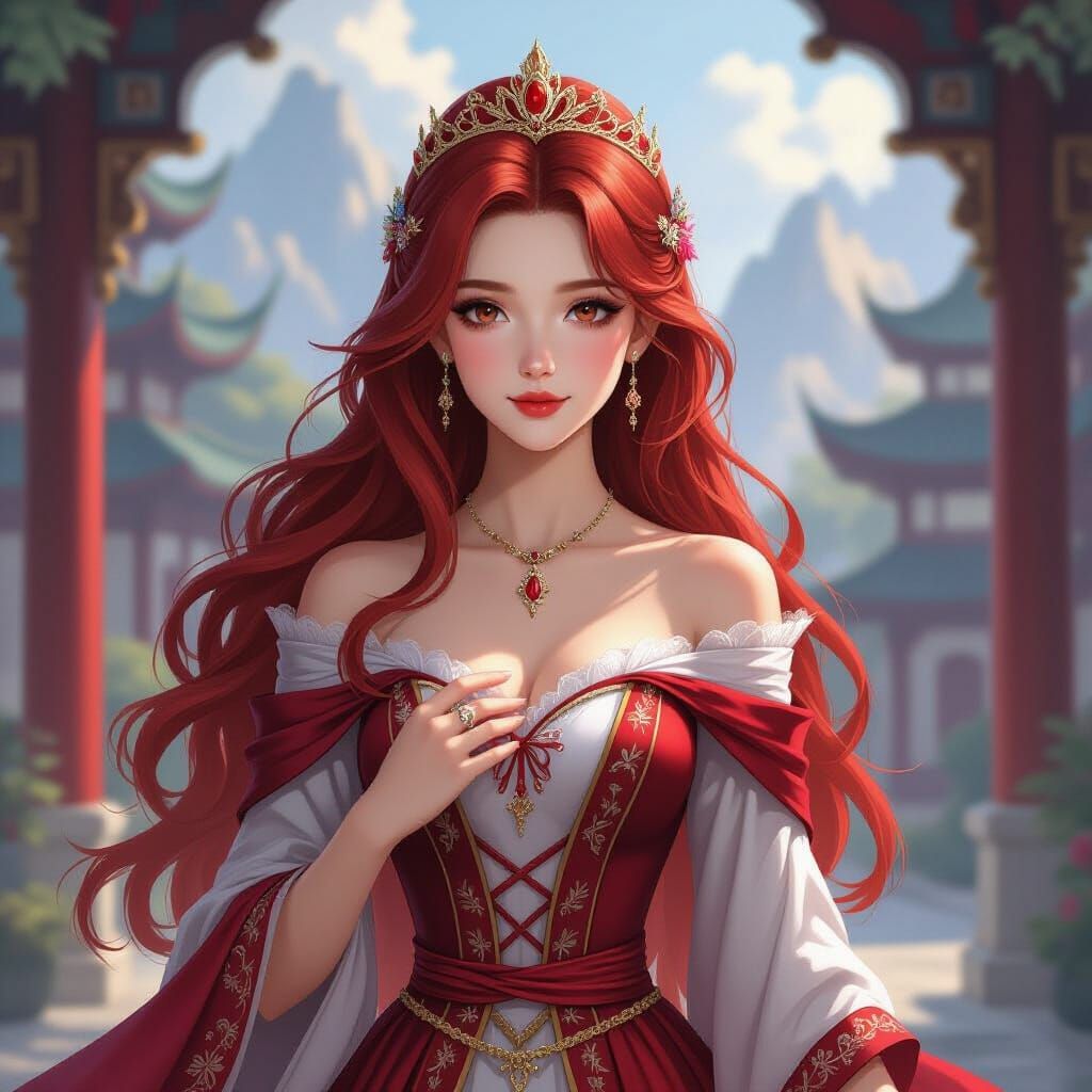 Elegant Fantasy Princess with Crimson Hair and Royal Gown