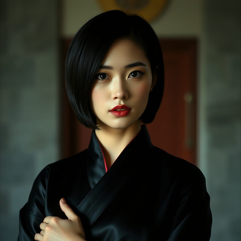 Woman in Elegant Satin Aodai with Piercing Eyes