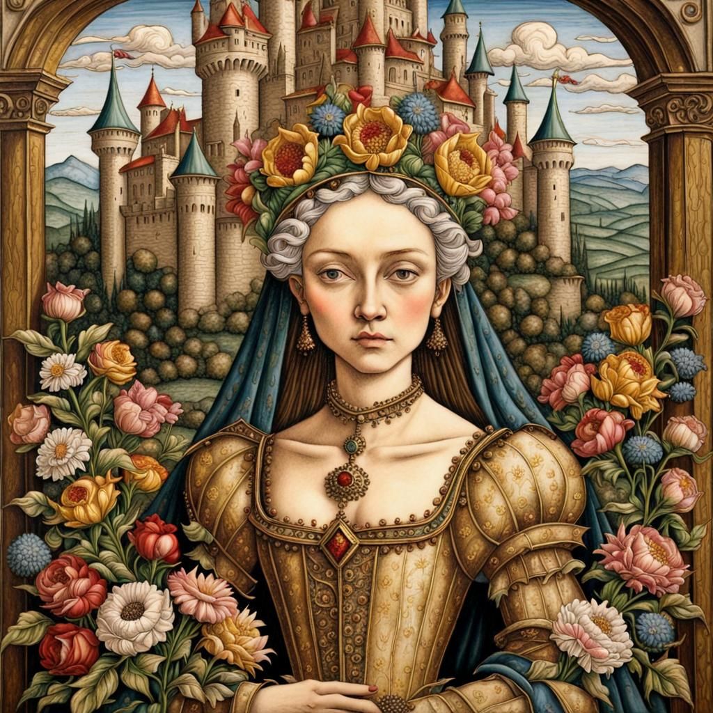 Renaissance Queen with Flowers in Impasto Style