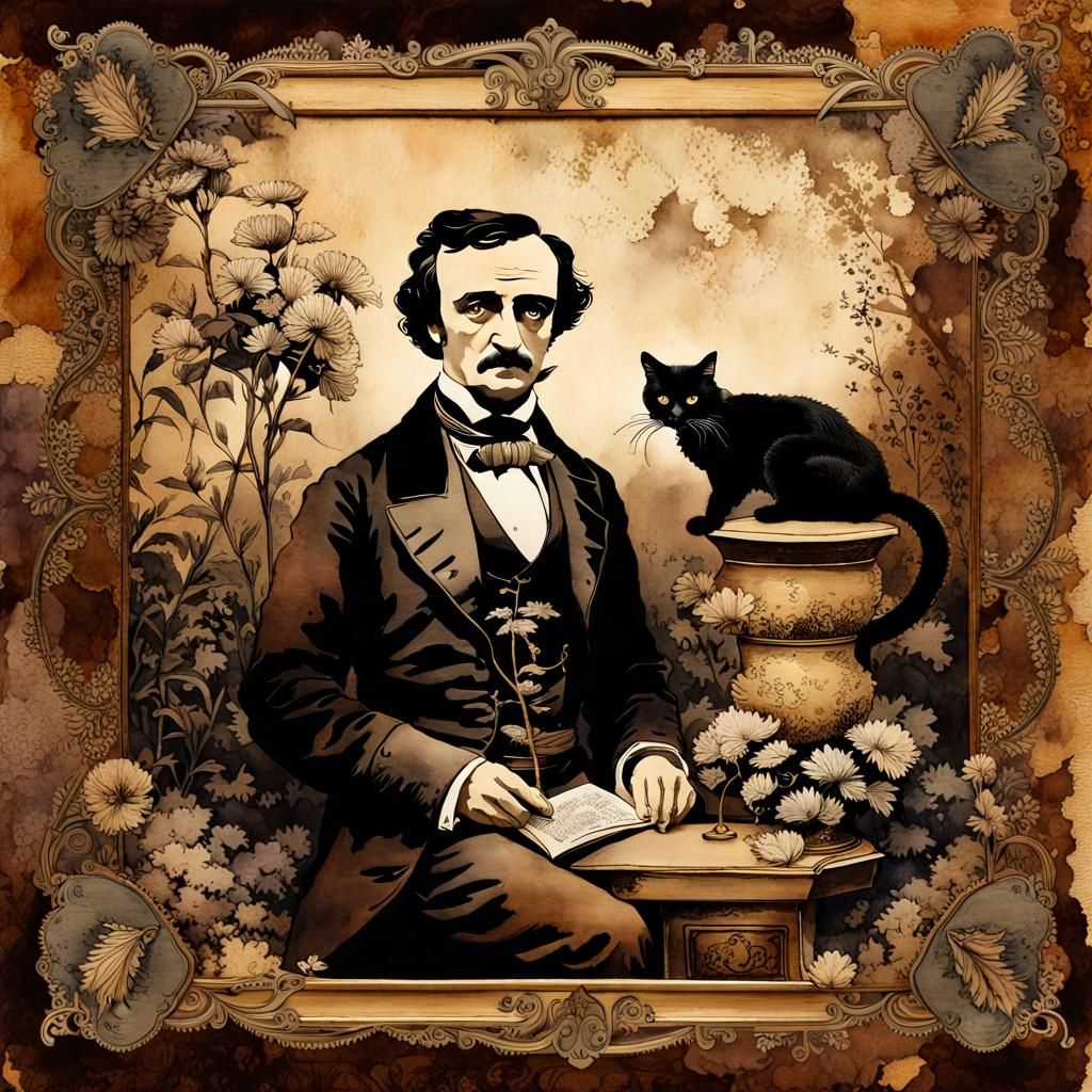 Sepia Photograph of Man with Black Cat in Watercolor Style