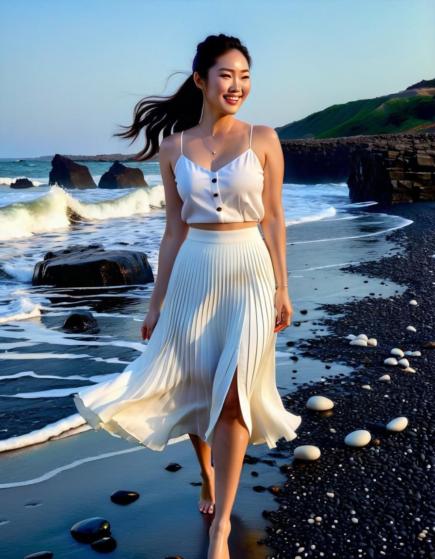 Korean Woman on Beach: Chiaroscuro Oil Painting