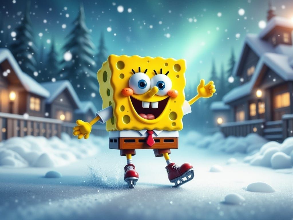<lora:Bak Brom Watercolor:1.0> spongebob is skating on an ice rink