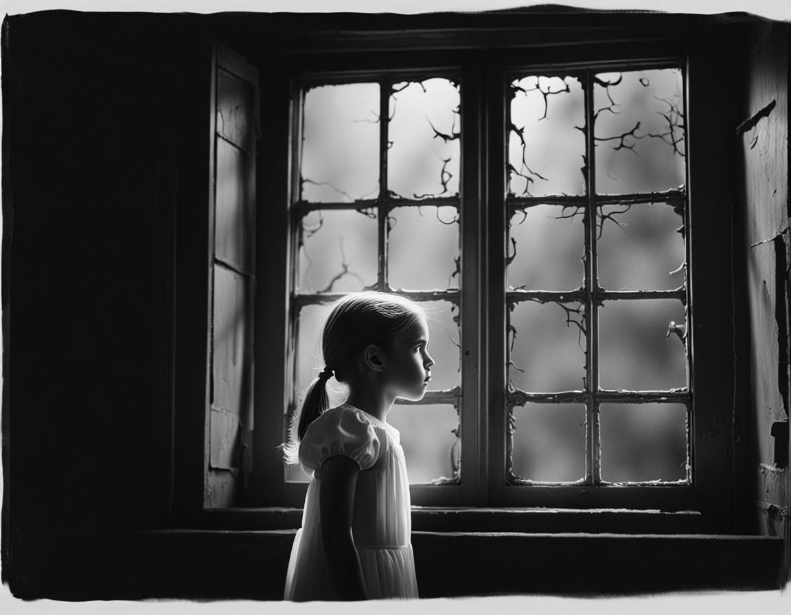 Girl in White Dress at Haunted House Window