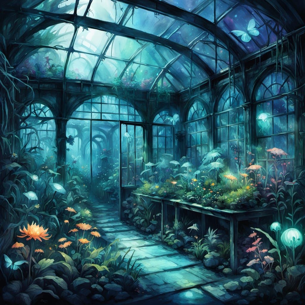 Bioluminescent Greenhouse: Dark Fantasy Watercolor Art