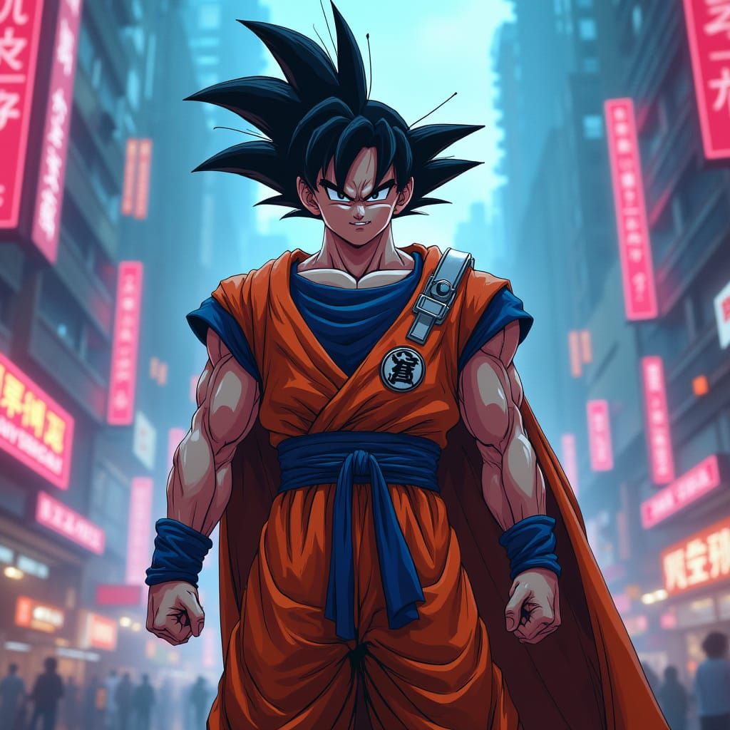 Goku in Cyberpunk City with Futuristic Armor