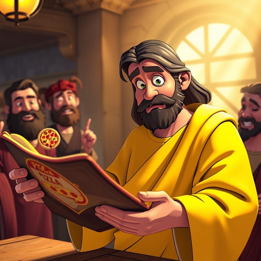 Jesus and Pizza Menu in Cartoon 3D Rendering
