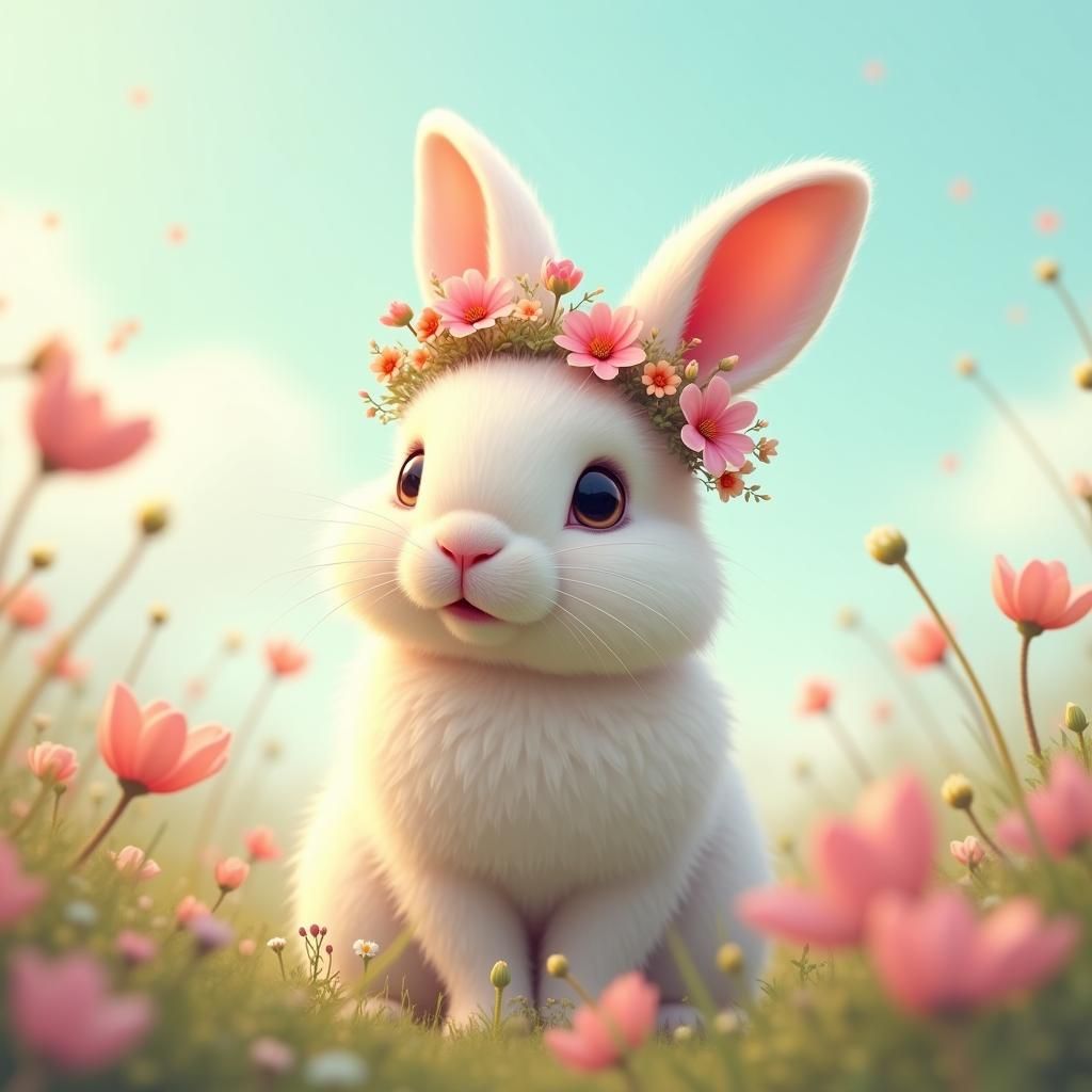 Pastel Bunny in Flower Meadow, Pixar Vector Style