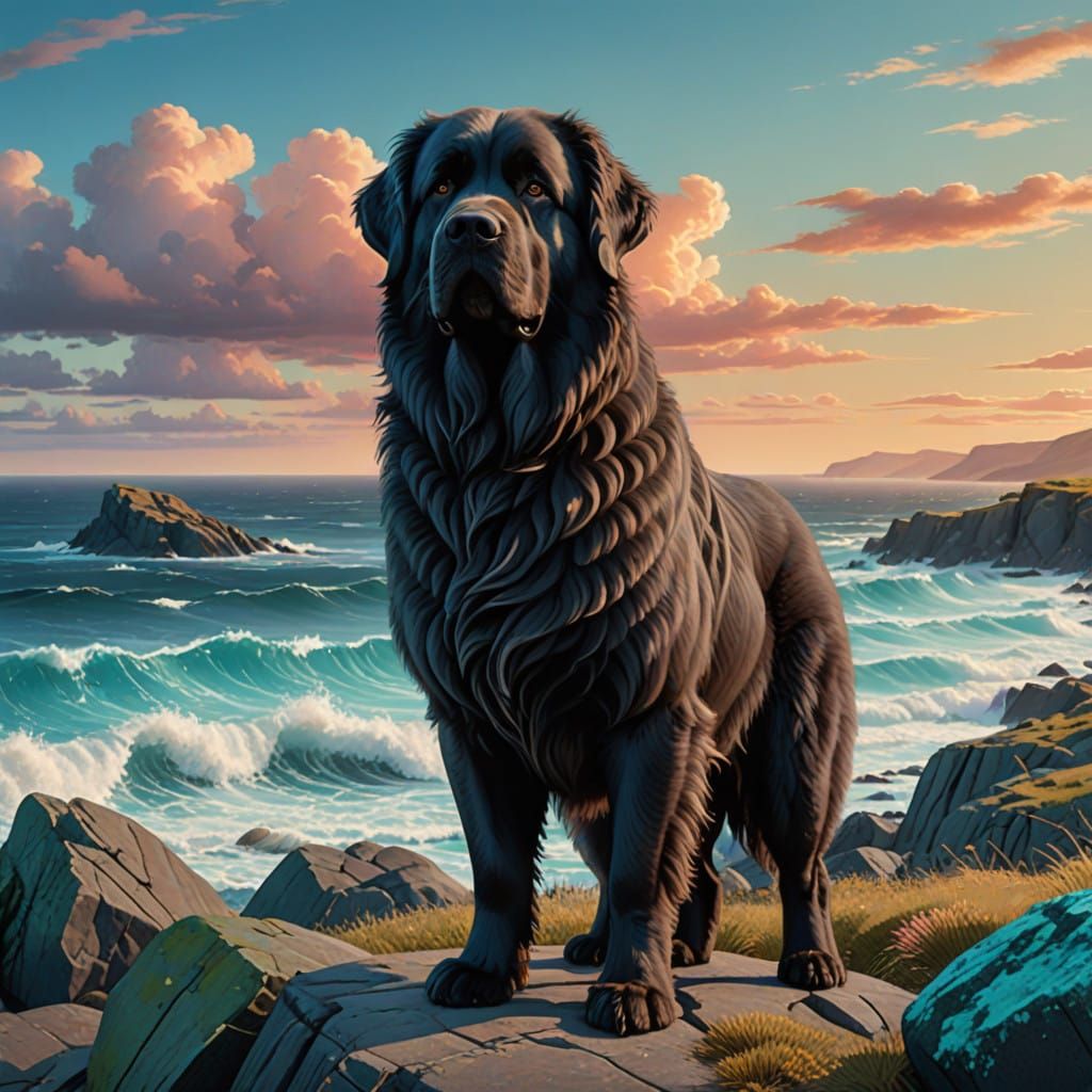 A Newfoundland dog looks out at the ocean.