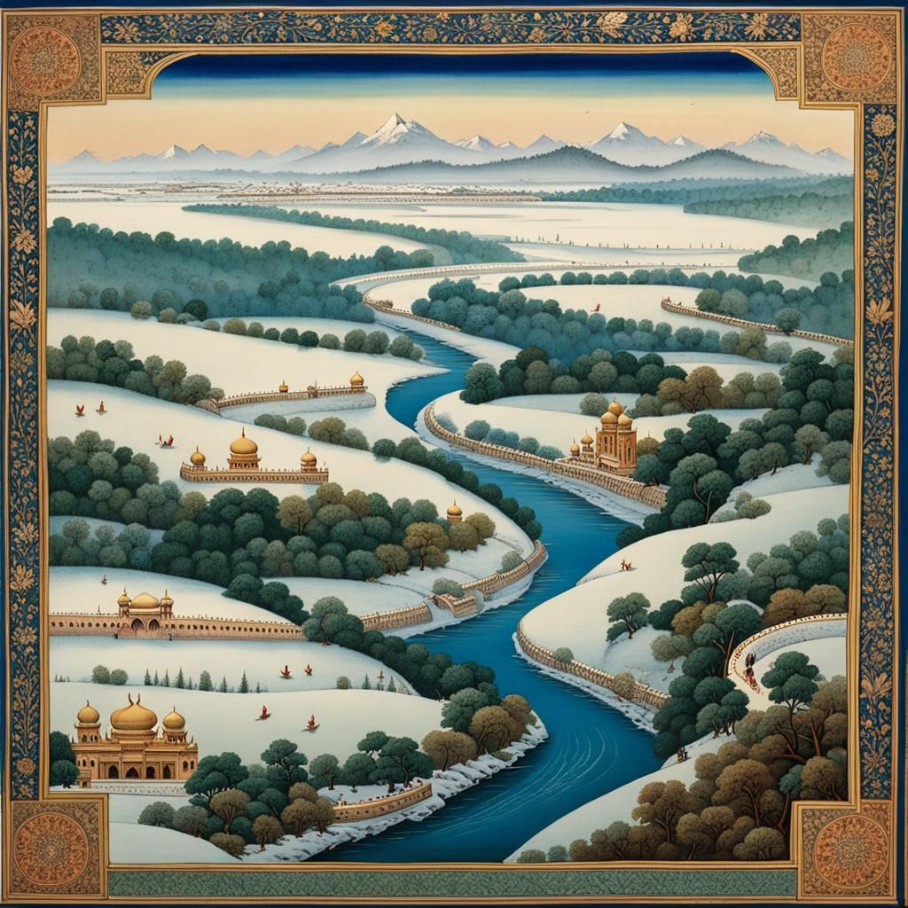 Icy River Landscape in Mughal Miniature Style