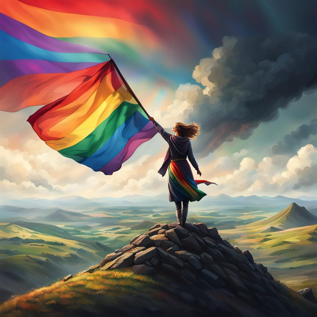 Woman with Pride Flag on Hill: Epic Painting