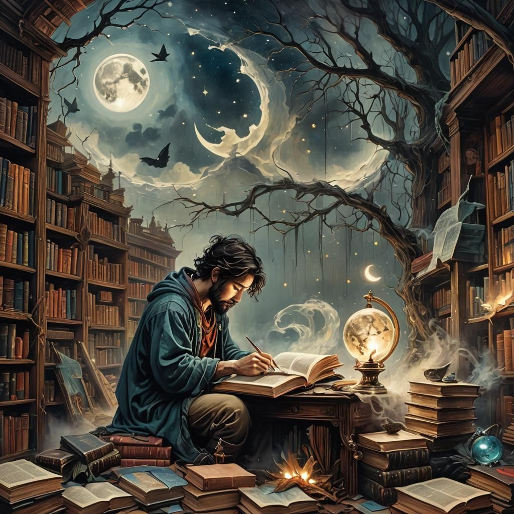 Mystical Library with Moonlit Bridge: Watercolor Art