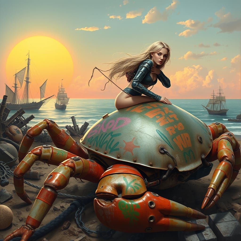 Woman Rides Crab on Dystopian Beach