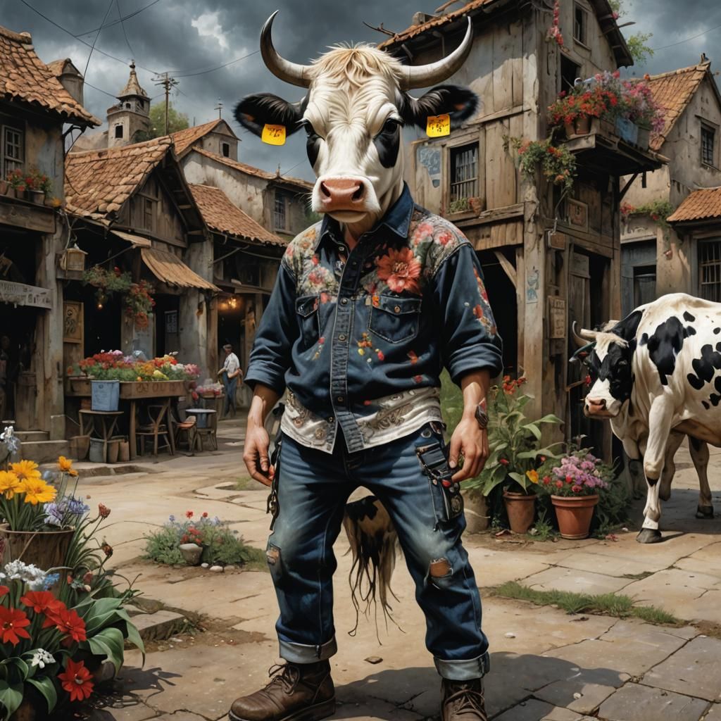 Cow-Headed Boy in Village Square: Hyperrealistic Digital Art