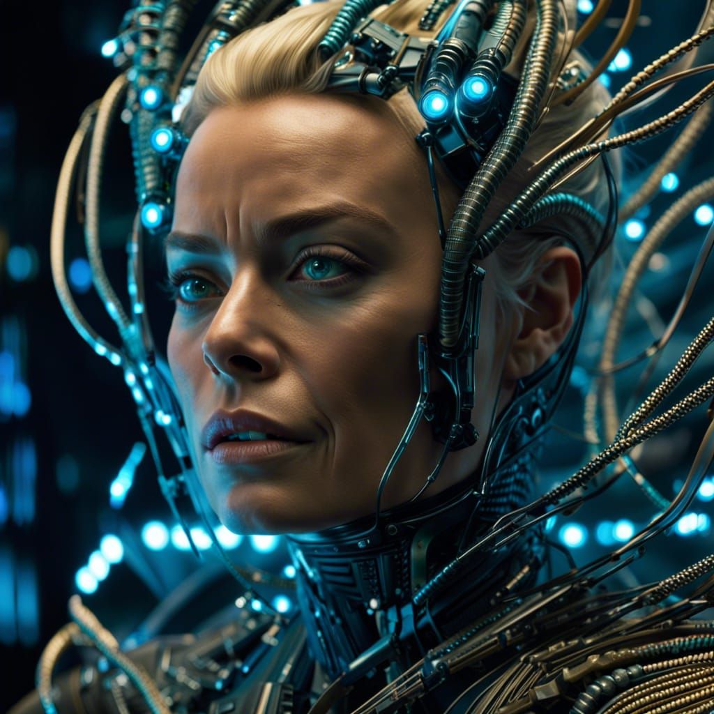 Margot Robbie is wired complex biomehanical borg with bioluminescent wires