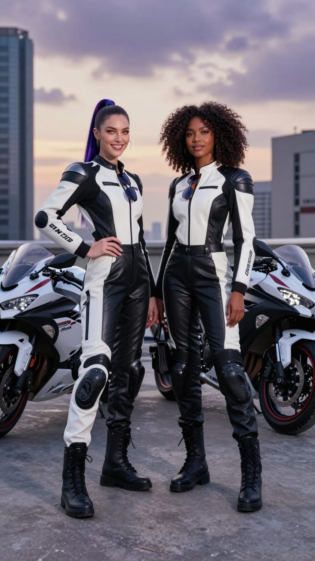 Women in Racing Suits on Industrial Rooftop at Dusk