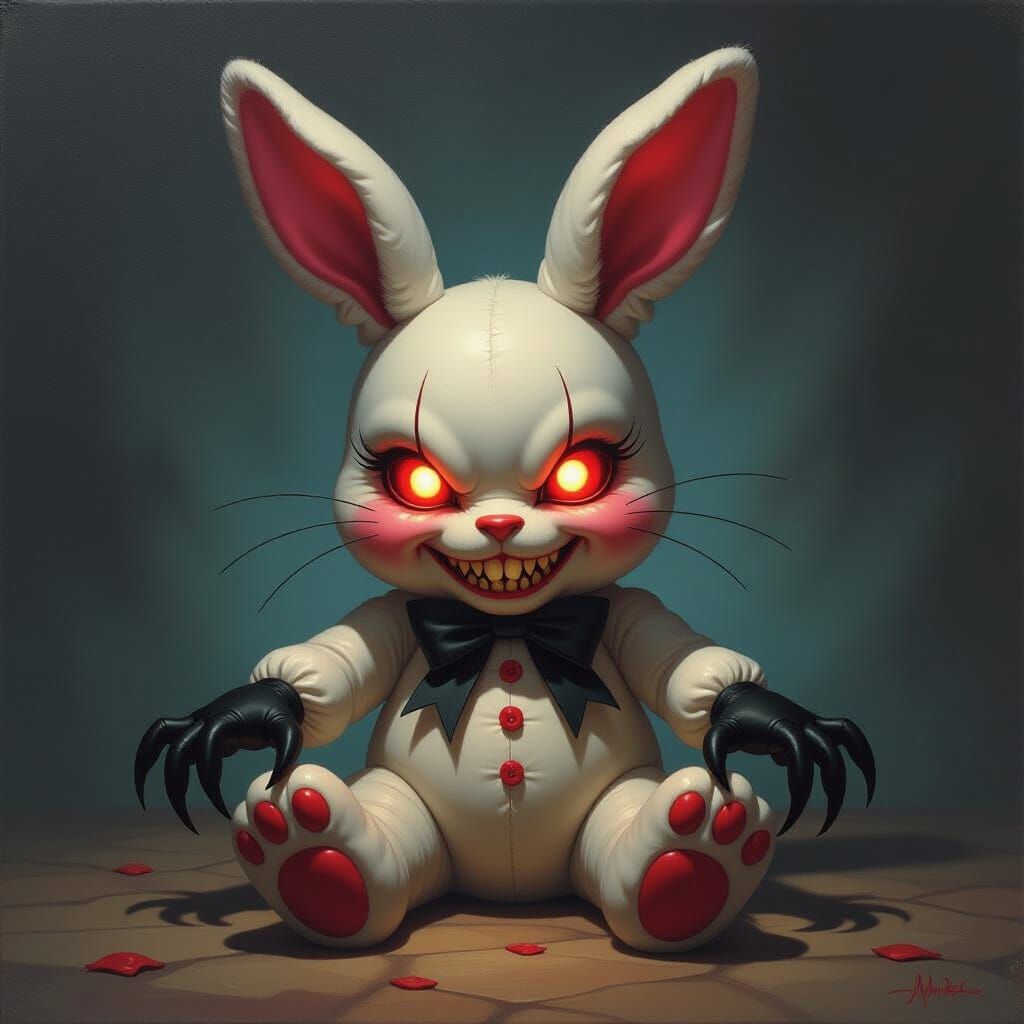 Evil Stuffed Bunny with Red Eyes in Ryden Style