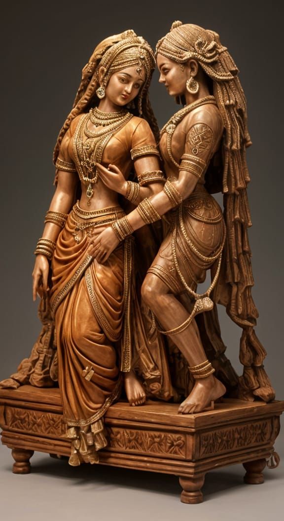 Sensual Teak Wood Carving of Radhe and Krishna in Romantic E...
