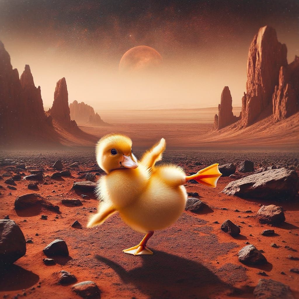 Duckling Breakdancing on Mars in Alien Landscape