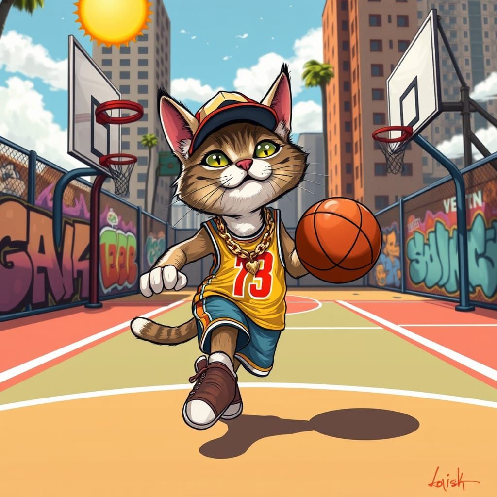 Vibrant Basketball Cat in Whimsical Street Art Style