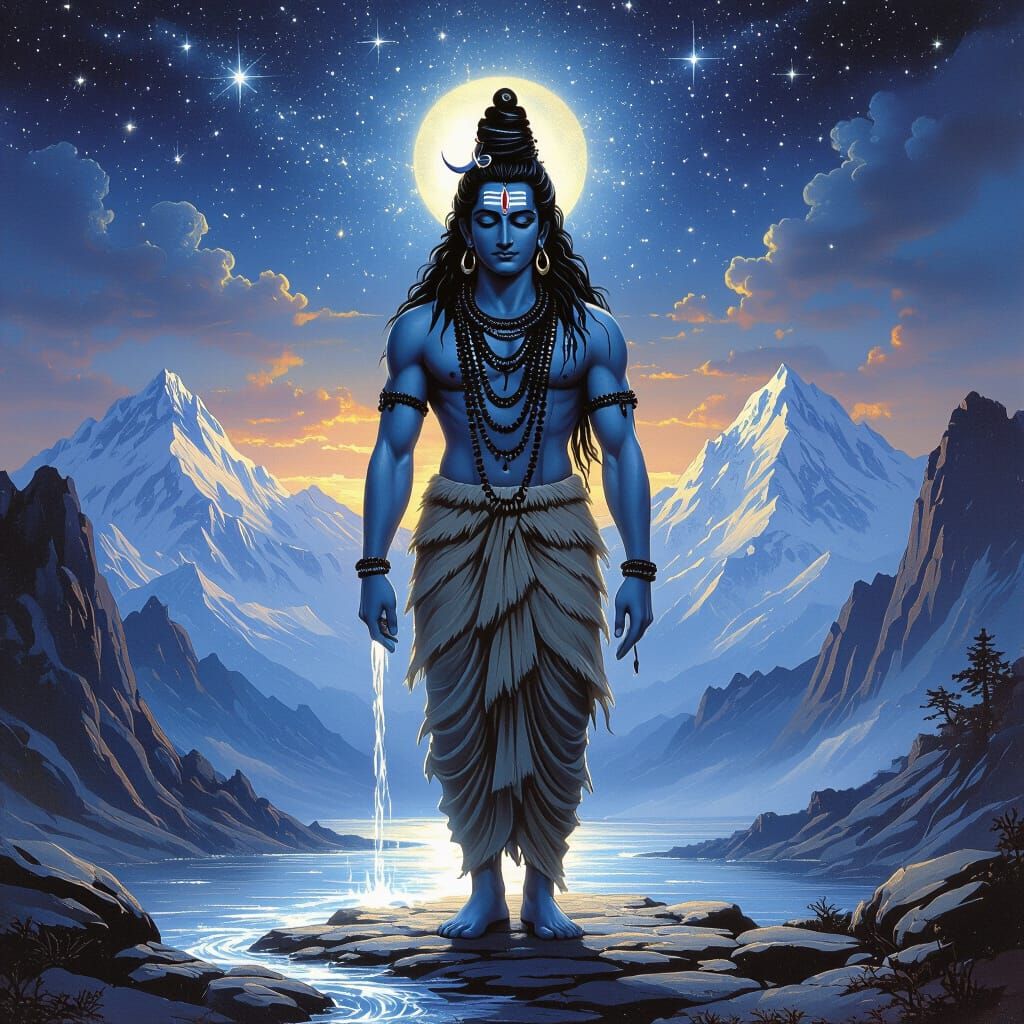 Lord Shiva Meditating in Himalayas Under Starry Night Sky