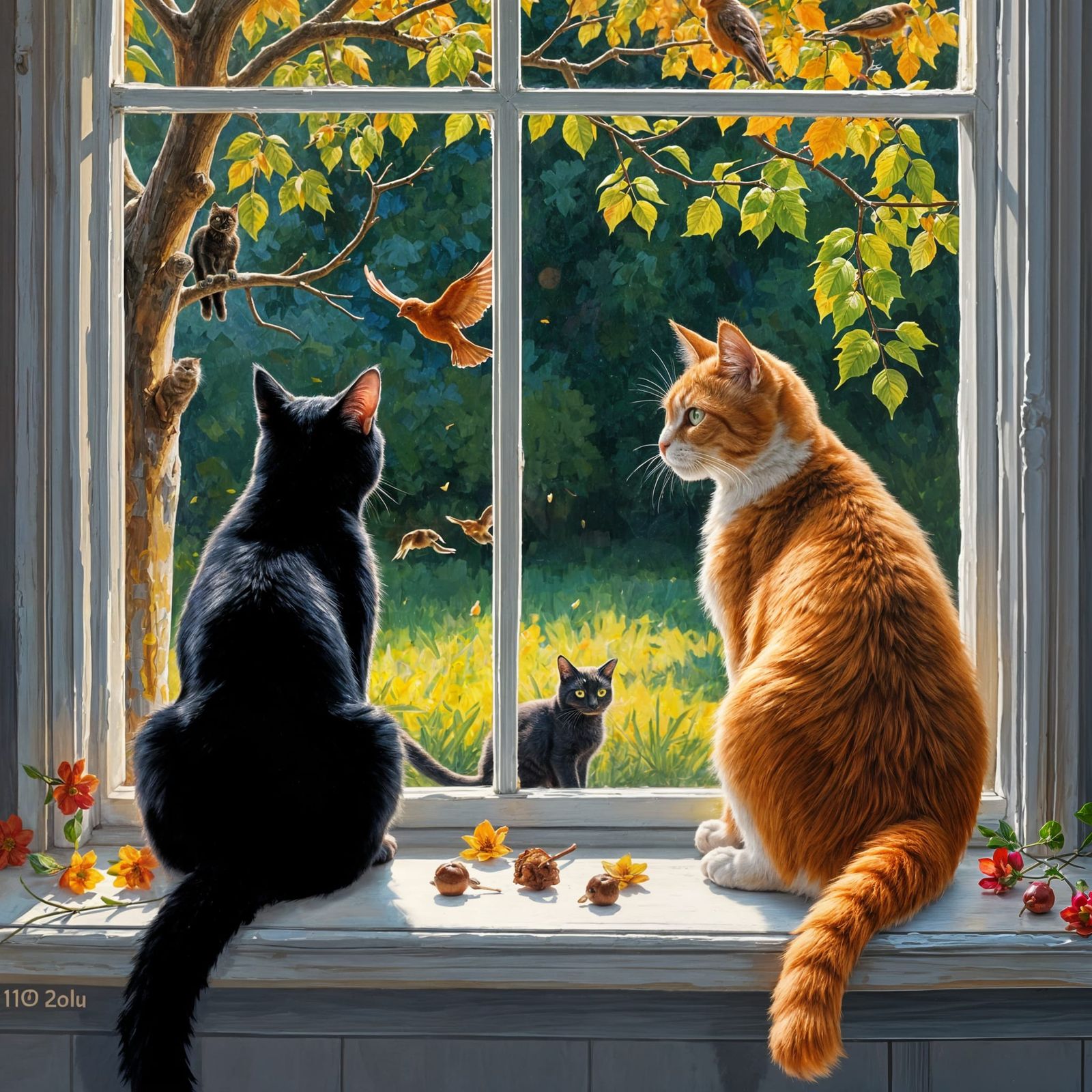 Cats Watching Birds, Impasto Oil Painting