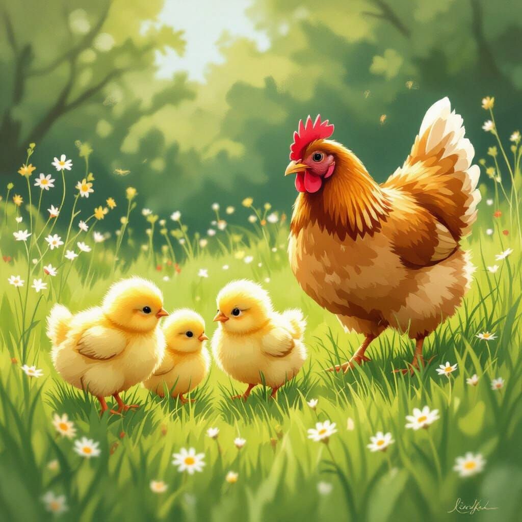 Fluffy Chicks Follow Mother Hen in Meadow