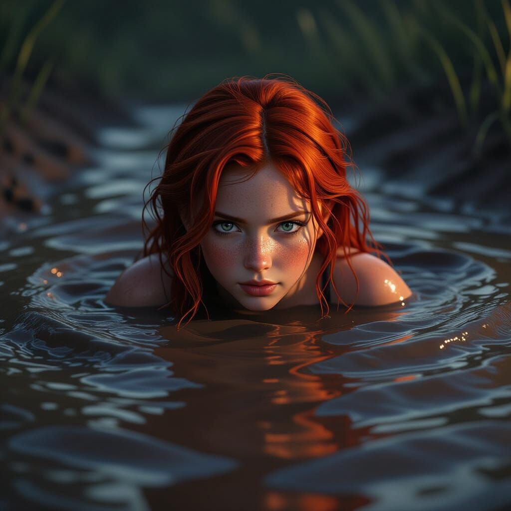 Redhead Girl Sinks in Mud as Fantasy Concept Art