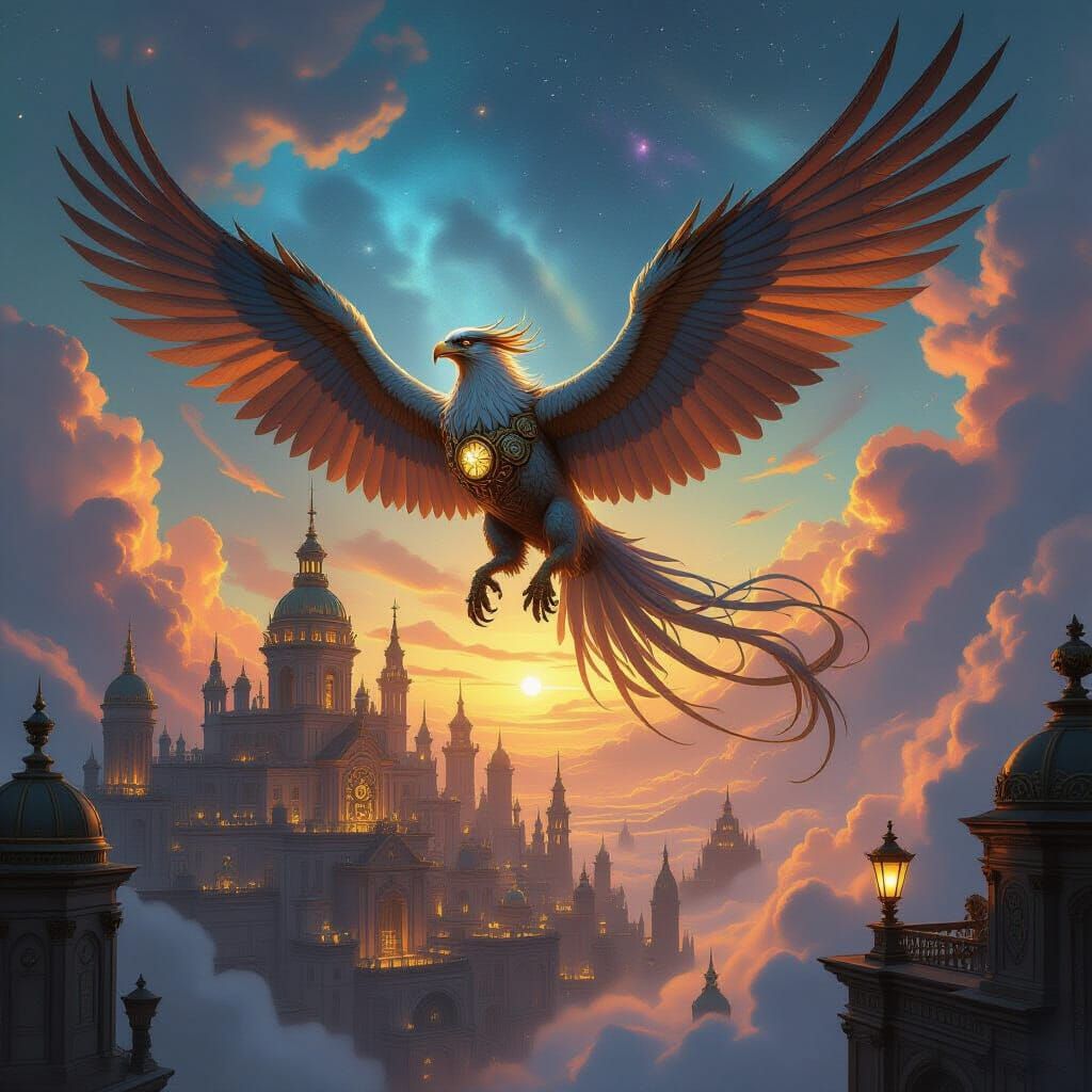 Steampunk Griffin Soars Over Baroque City in Nebula Sky