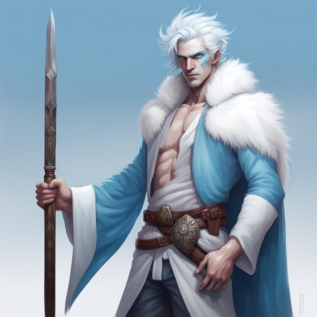 Blue-Skinned Man with White Hair Fantasy Illustration