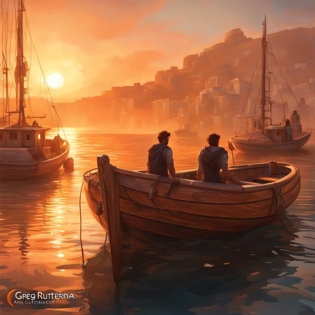 Greek Fishing Boats at Sunrise: Hyperdetailed Concept Art