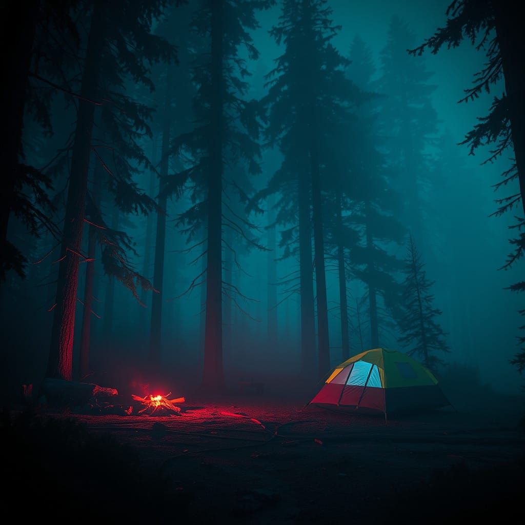 Mysterious Pacific Northwest Campsite Under Neon Haze