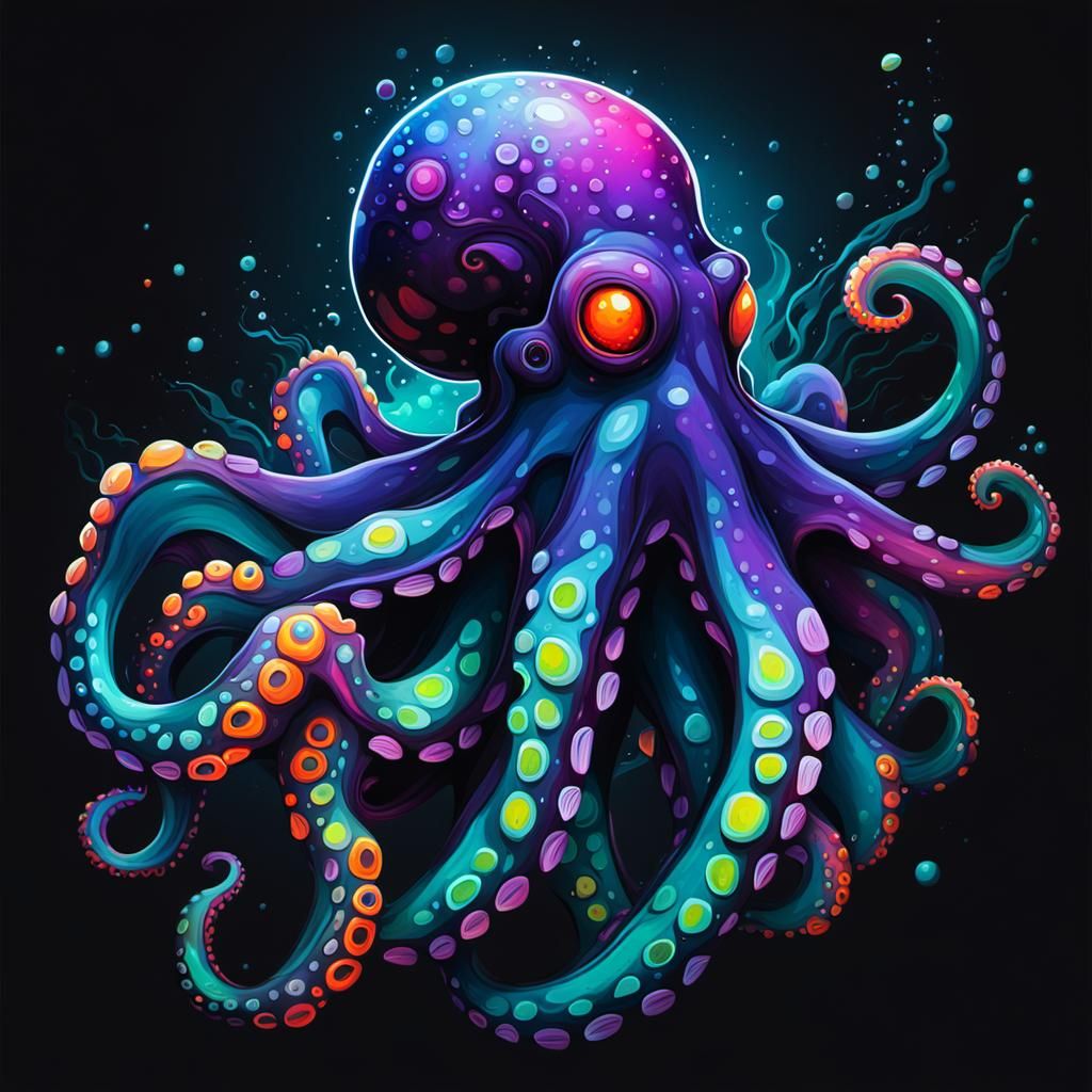 Fluorescent Octopus in Dark Ocean Depths