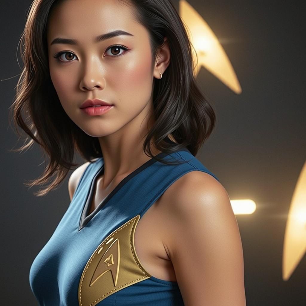 Linda Park as Hoshi Sato wearing a blue first-generation Star Trek uniform.