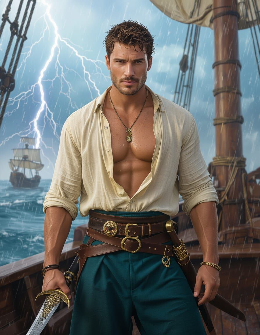 Muscular Man with Scimitar on Stormy Ship Deck