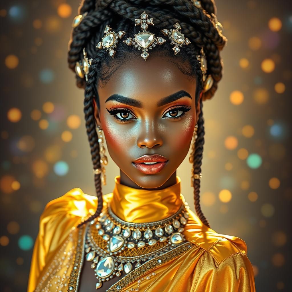 Golden Woman with Braids and Gems, Astral Illustration