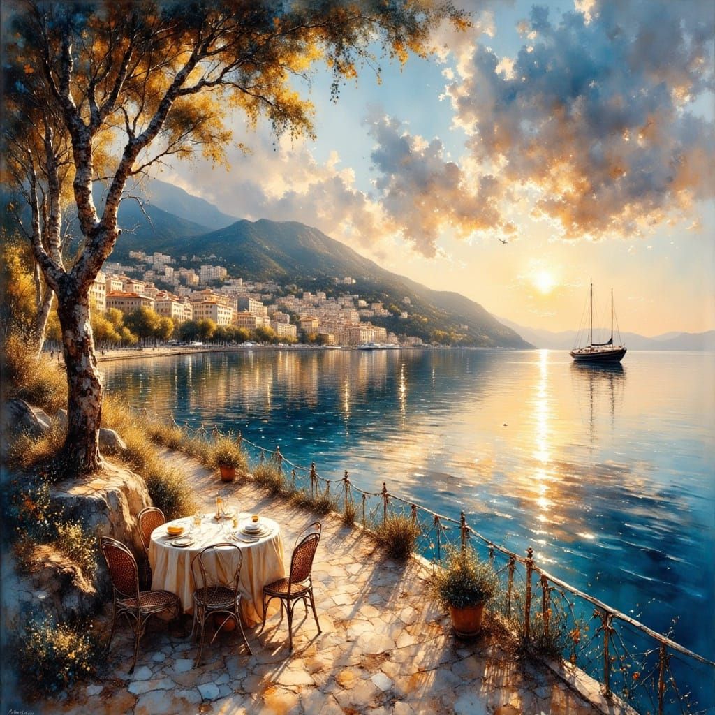 Monaco Coast at Evening as Lithograph