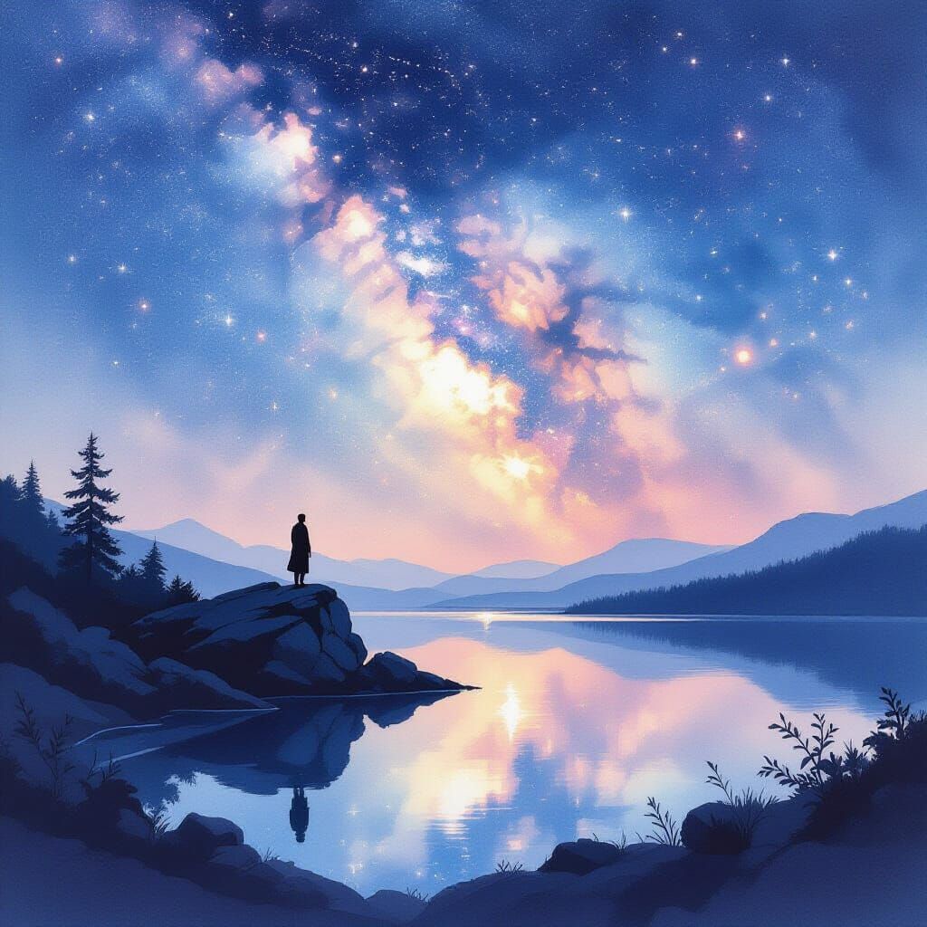 Solitary Figure Gazes at Starry Nebula Over Reflecting Lake