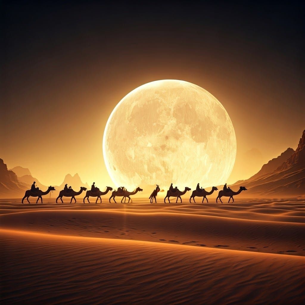 Majestic Desert Caravan with Glowing Sphere