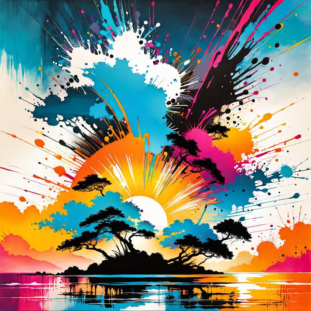 Ink Splatter Sunset: Abstract Beach Scene