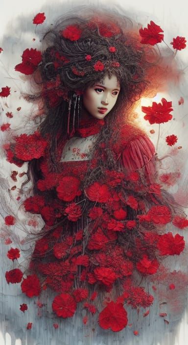 Ethereal Woman in Red Dress with Silver Scaly Sleeves