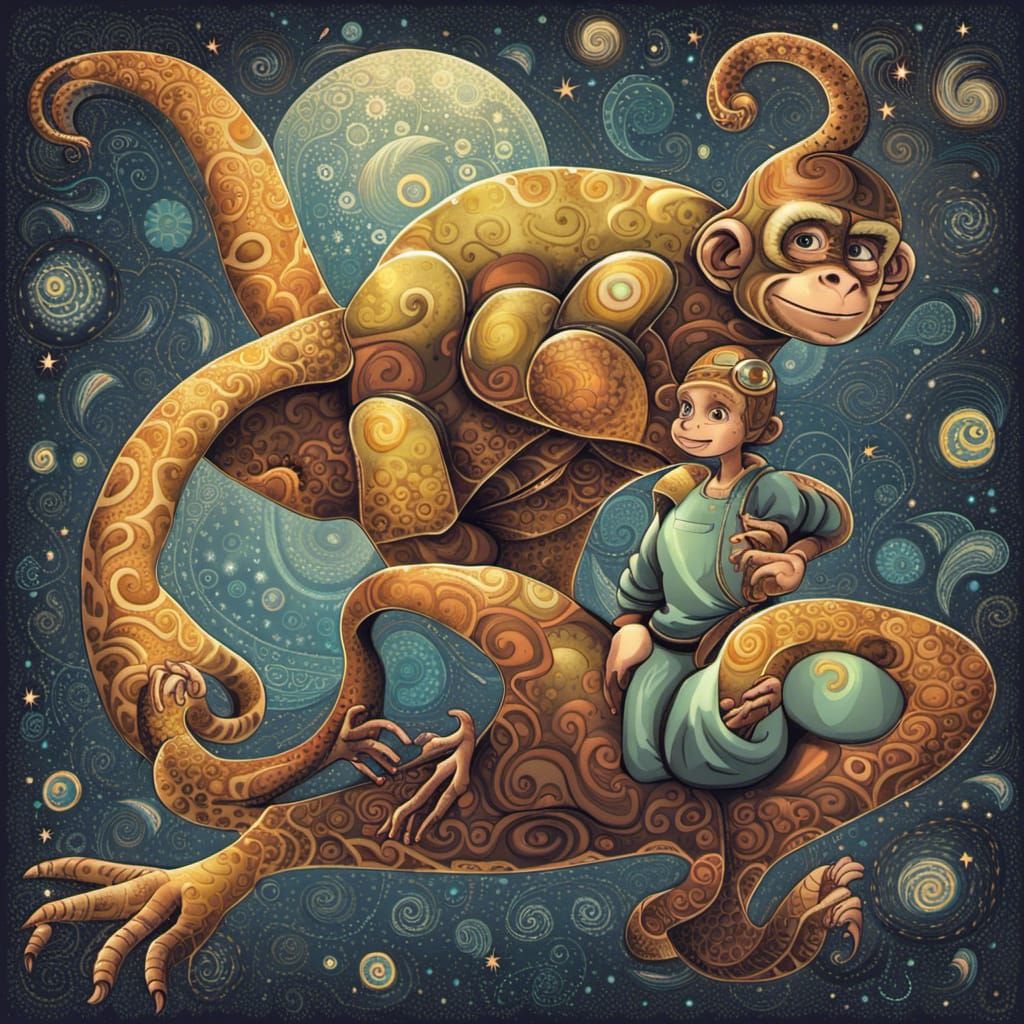 Cute Reptilian Child with Monkey Sidekick