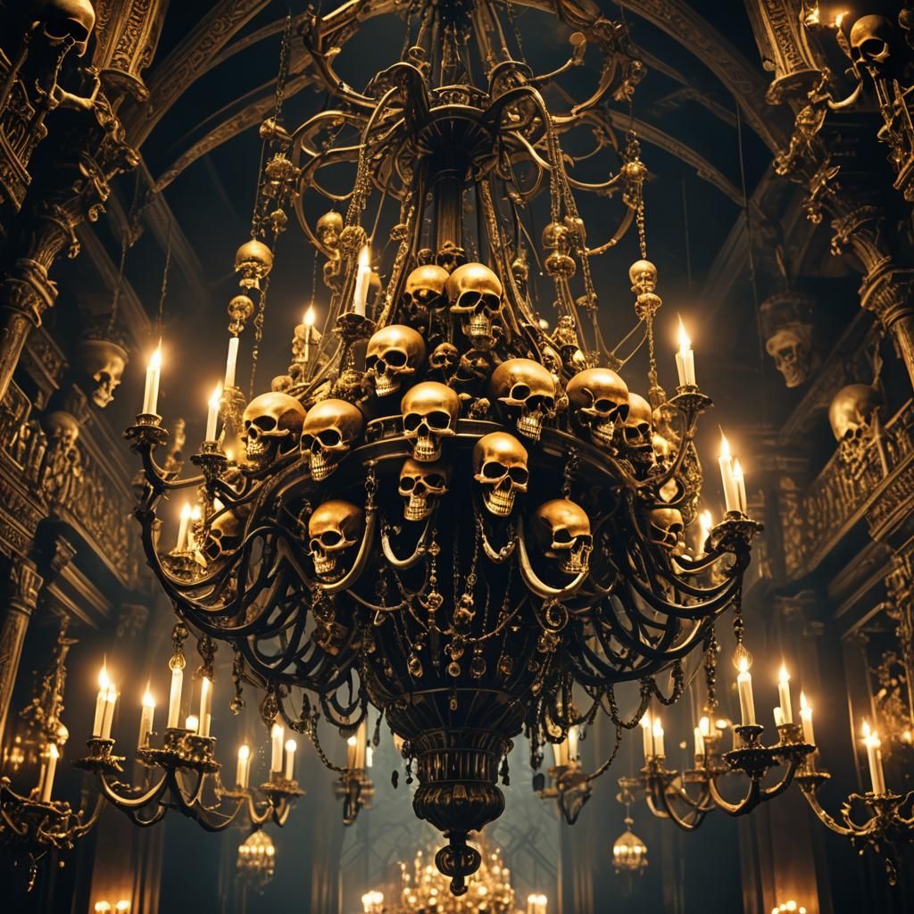 Skull Chandelier in Ornate Chamber: Dark Fantasy Art