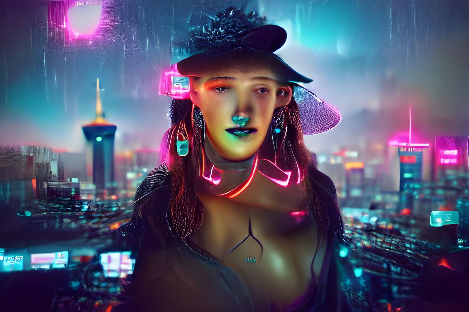 Gorgeous Cyberpunk Girl with Neon Piercings and Hologram Ear...
