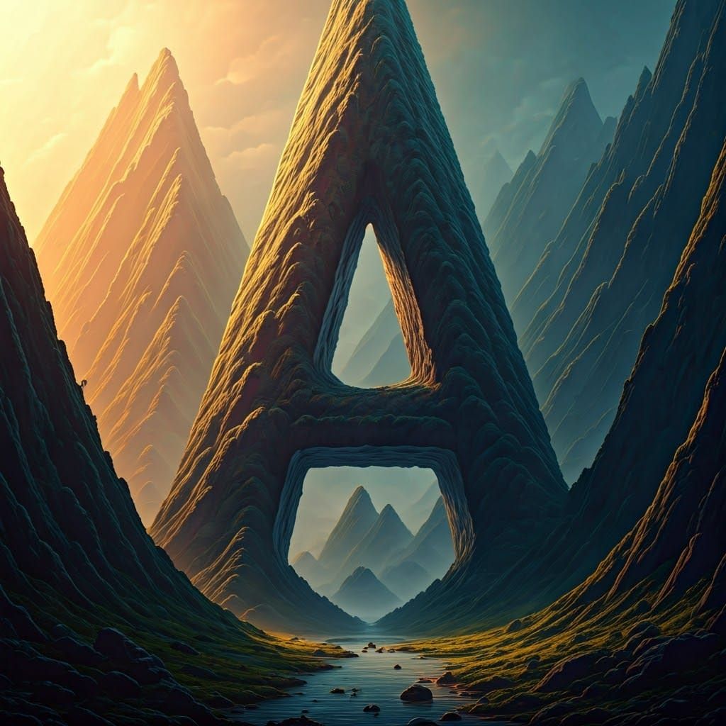 Mountain Canyon Shaped as Letter A in Dreamlike Style